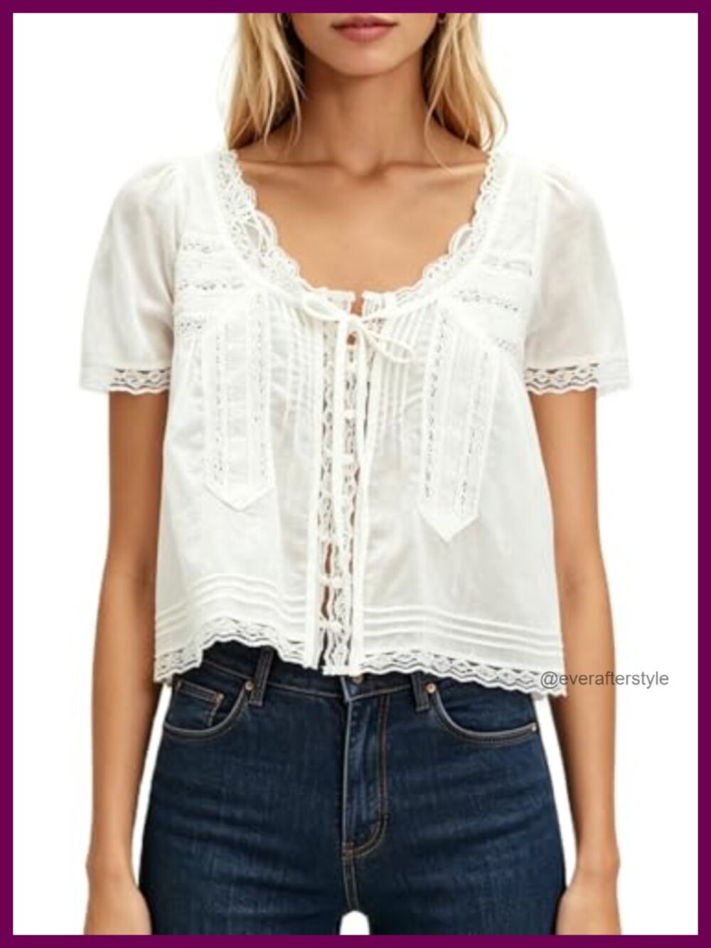 Womens Tie Front Ruffle Boho Blouse Sheer Lace Babydoll Top